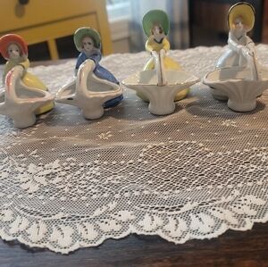 Charming Lady Figurine Basket Set Era 1940's